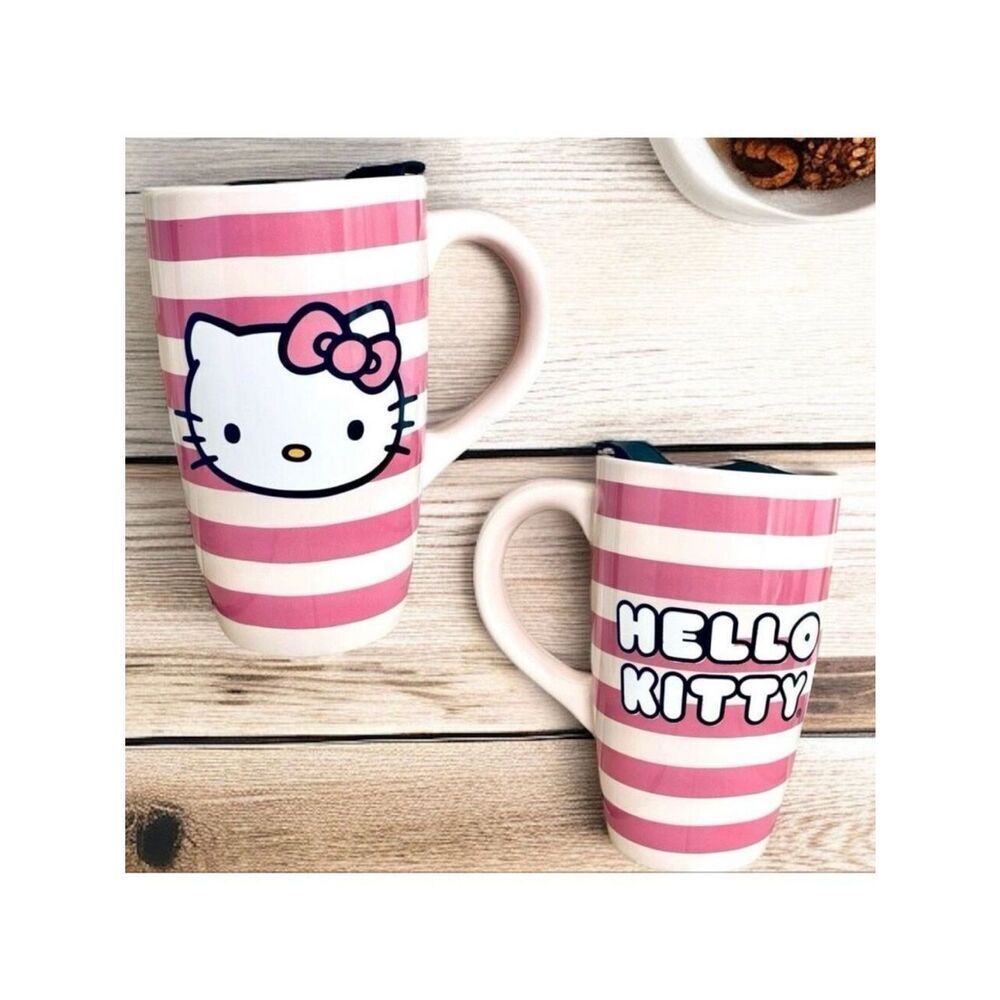 NWT Gorgeous Hello Kitty Pink Striped Glossy Ceramic Tall Travel Mug with lid